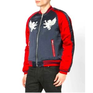 Balmain Red And Blue Satin Bomber Jacket